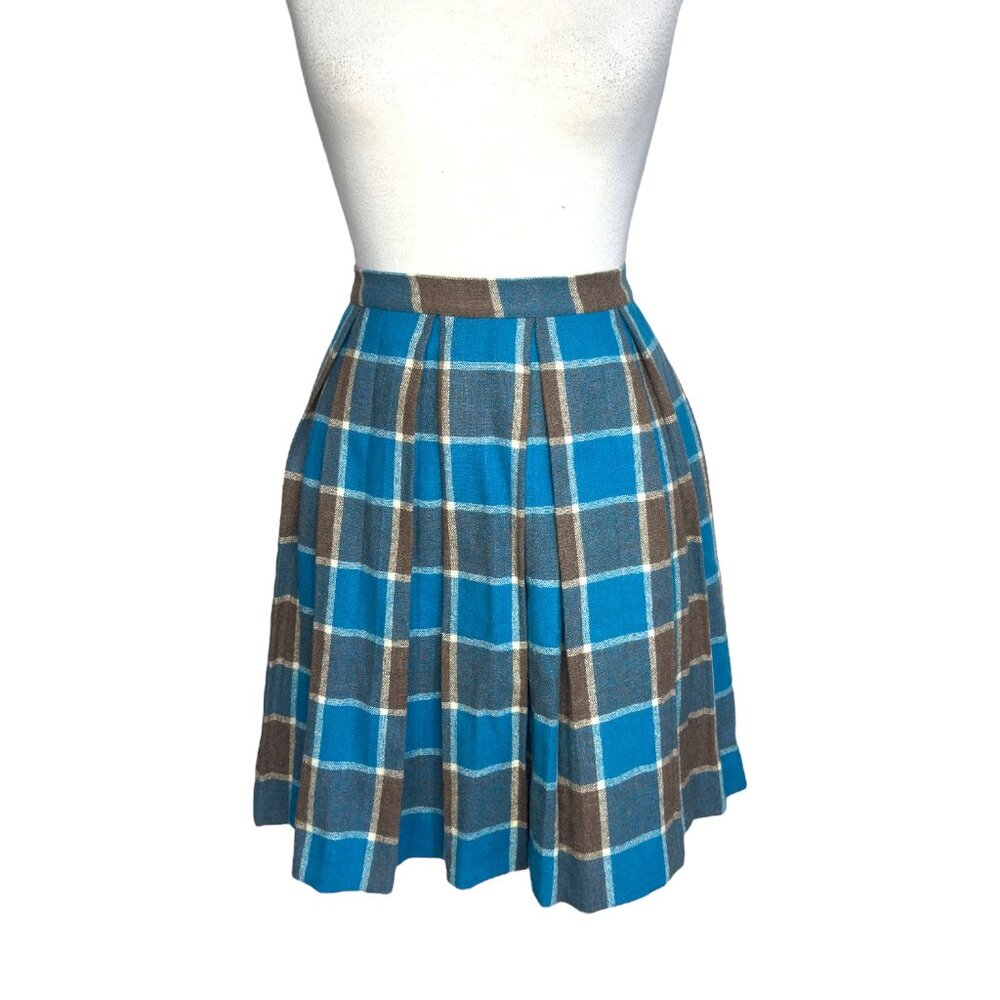1970's Handmade Plaid Skirt Midi A-Line Pleated Barbiecore Blue and Brown Wool - Picture 9 of 10